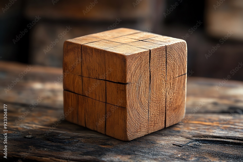 Detailed view of a wooden cube with visible tool marks, showcasing the artisanal process of handcarving, wooden block, handmade texture Detailed view of a wooden cube with visible tool marks, showcasing the artisanal process of handcarving, wooden block, handmade texture
