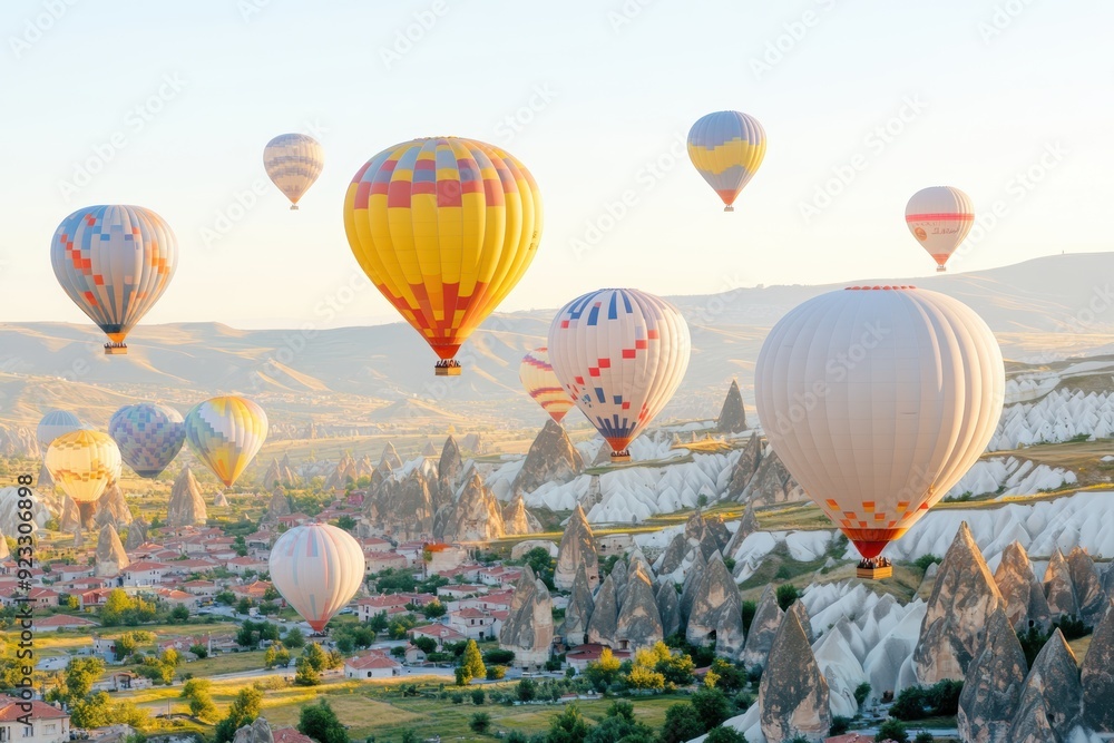 Fototapeta premium Colorful hot air balloons floating over a lush, green landscape under a clear blue sky, creating a peaceful and picturesque scene.