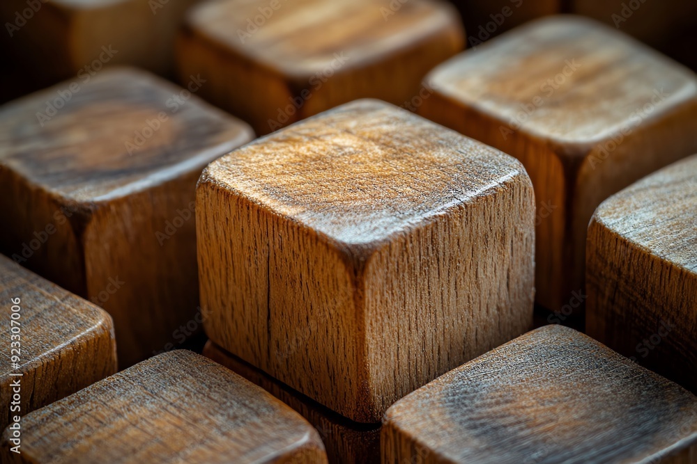 Detailed view of a set of wooden cubes arranged neatly, each showing unique characteristics from the handmade process, wooden block, handmade uniqueness Detailed view of a set of wooden cubes arranged neatly, each showing unique characteristics from the handmade process, wooden block, handmade uniqueness