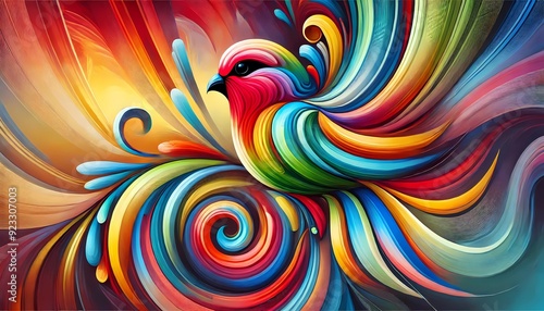 vividly abstracted birds and flowers in colorful 3dstyled illustration, ABSTRACT STYLE