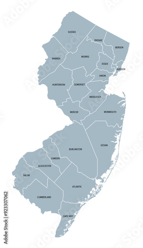New Jersey, U.S. state, gray political map with borders and county names. State in the Mid-Atlantic and Northeastern region of the United States, subdivided into 21 counties, nicknamed Garden State.