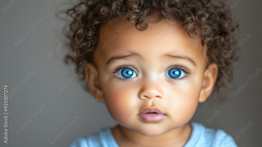 Close-up portrait of a mixed-race toddler with large blue eyes and curly hair, expressing curiosity and innocence. Close-up portrait of a mixed-race toddler with large blue eyes and curly hair, expressing curiosity and innocence.
