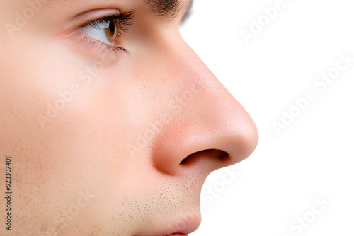 Man's nose close up side view isolated on white background