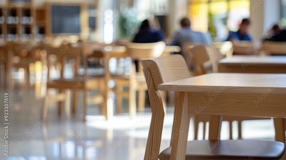 A close-up of wooden chairs and tables in the school library, with students reading books blurred out in the background,. High quality photo A close-up of wooden chairs and tables in the school library, with students reading books blurred out in the background,. High quality photo