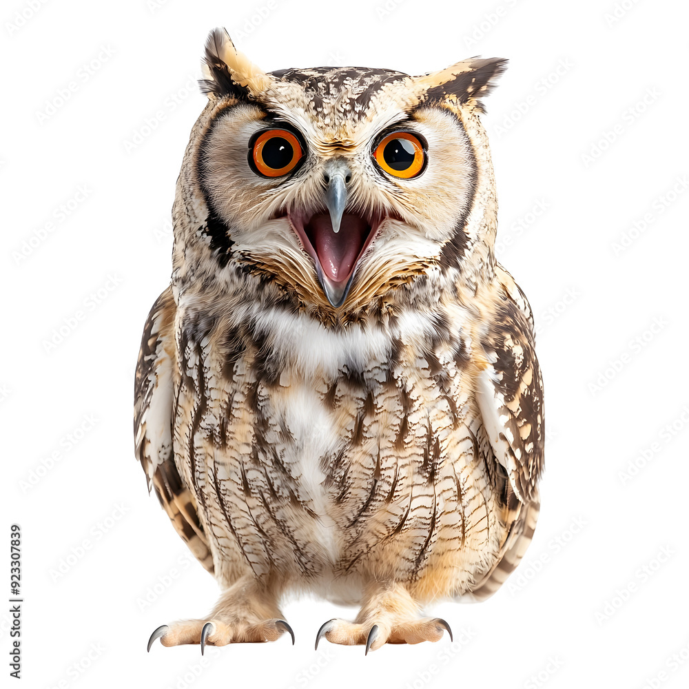 Obraz premium Photograph of Hooting Owl on Plain White Background transparent png with High Detail