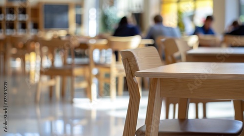 A close-up of wooden chairs and tables in the school library, with students reading books blurred out in the background,. High quality photo