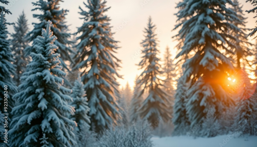 Obraz premium merry christmas background with a serene winter forest, tall pine trees covered in snow, and a soft golden glow from the setting sun, copy space in the foreground, high detail, ai