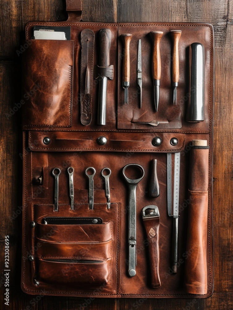 Leather tool roll on wooden table Leather tool roll on wooden table