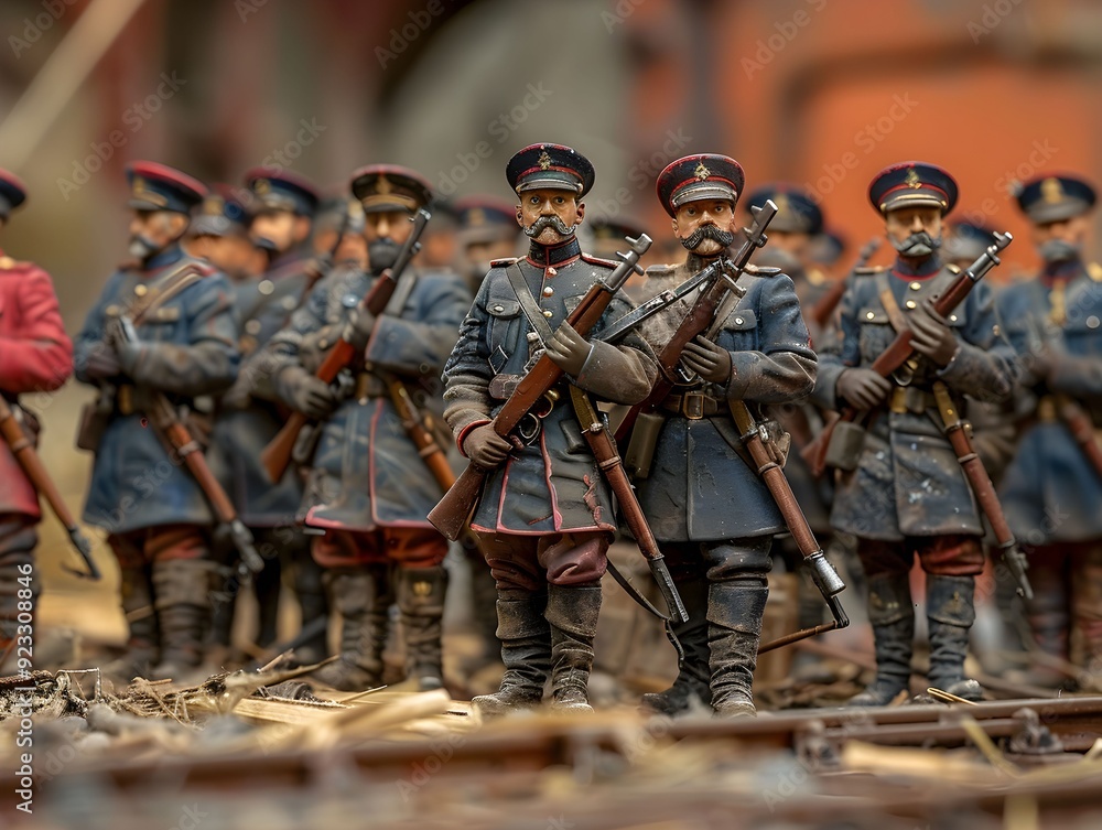 Obraz premium Military figures in historical uniforms prepare for a display at a model exhibition in late afternoon light