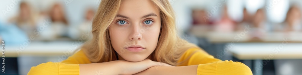 A woman is sitting on a couch with thoughtful expression. A woman is sitting on a couch with thoughtful expression.