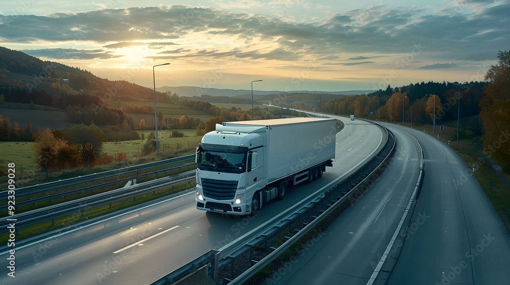 A truck travels along a quiet highway at sunrise, surrounded by rolling hills and trees in the background A truck travels along a quiet highway at sunrise, surrounded by rolling hills and trees in the background