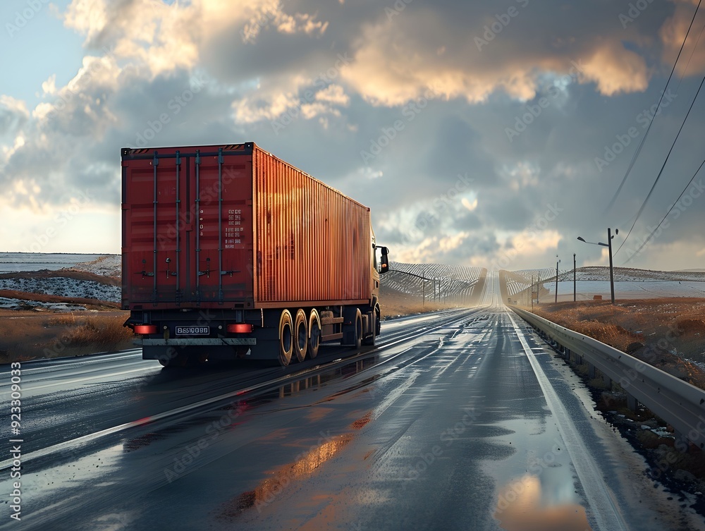 Truck driving on a wet road under dramatic clouds at sunset in a rural area Truck driving on a wet road under dramatic clouds at sunset in a rural area