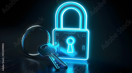 Neon Padlock and Key on Dark Background photo