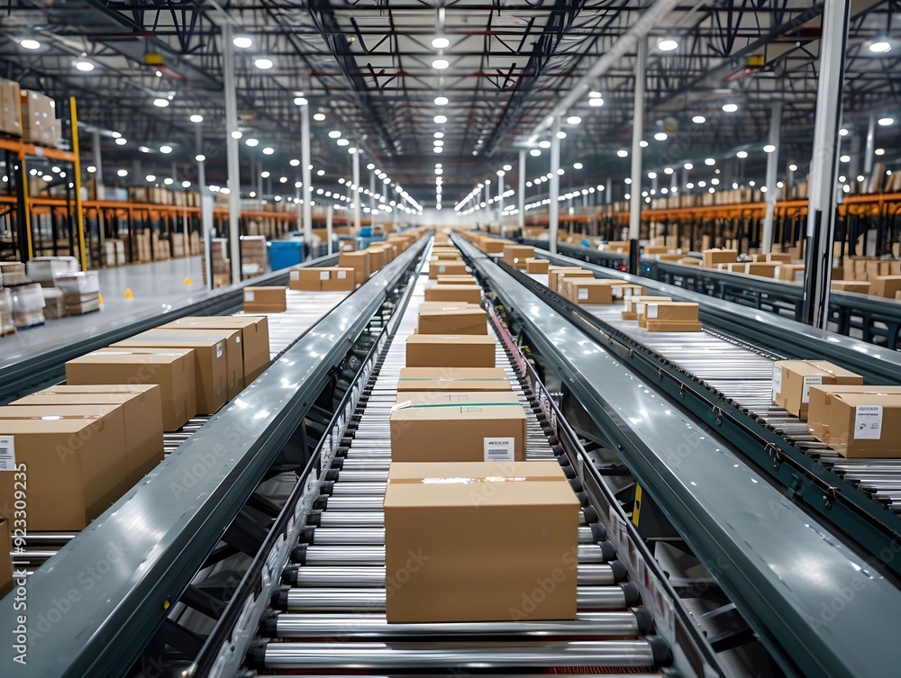 Packages move along conveyor belts in a large distribution center during daytime operations Packages move along conveyor belts in a large distribution center during daytime operations