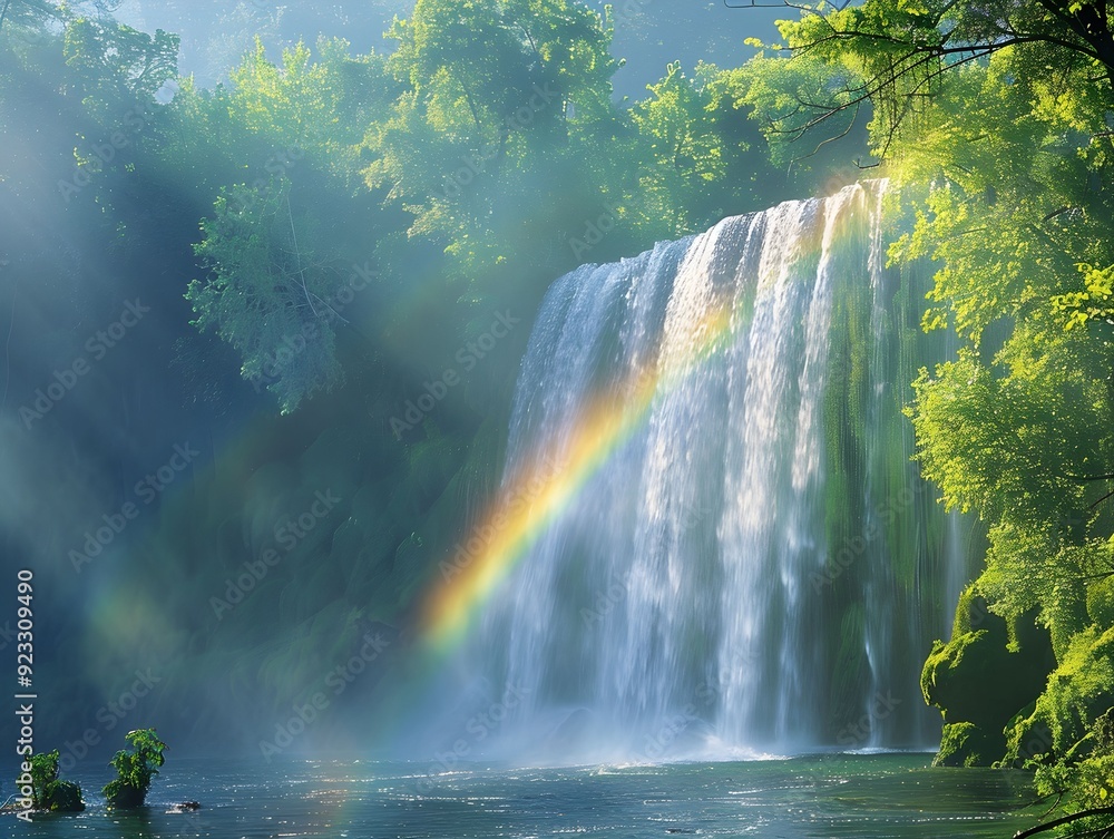 A stunning waterfall cascades over rocks surrounded by lush greenery and a rainbow appears above the water in a tranquil morning light A stunning waterfall cascades over rocks surrounded by lush greenery and a rainbow appears above the water in a tranquil morning light