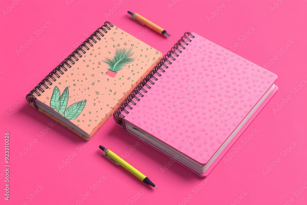 Notebooks and Pencil on Pink Surface Notebooks and Pencil on Pink Surface