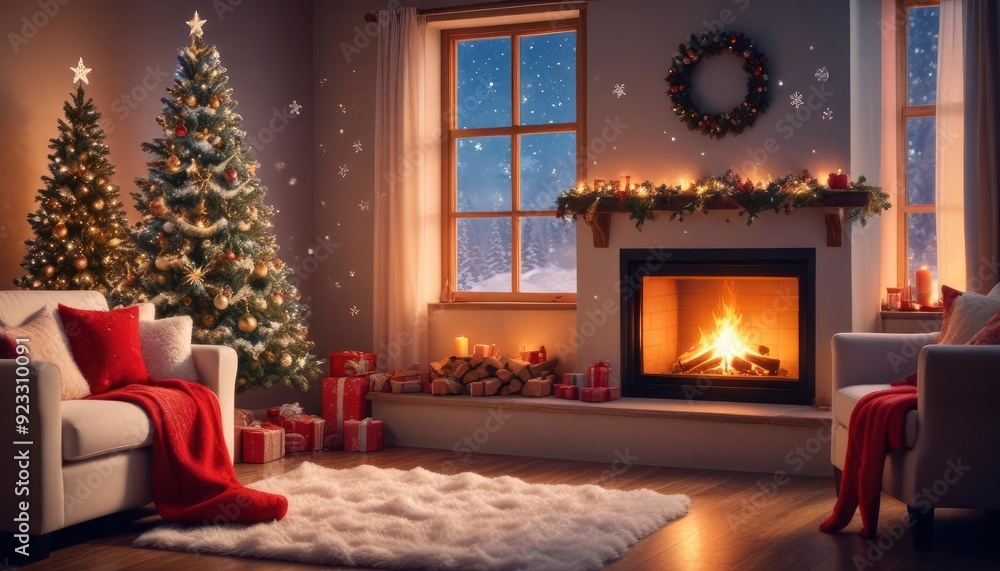 Fototapeta premium festive Christmas background with cozy living room view, burning fireplace, stockings hanging on the mantle, and large window showing falling snowflakes, ai