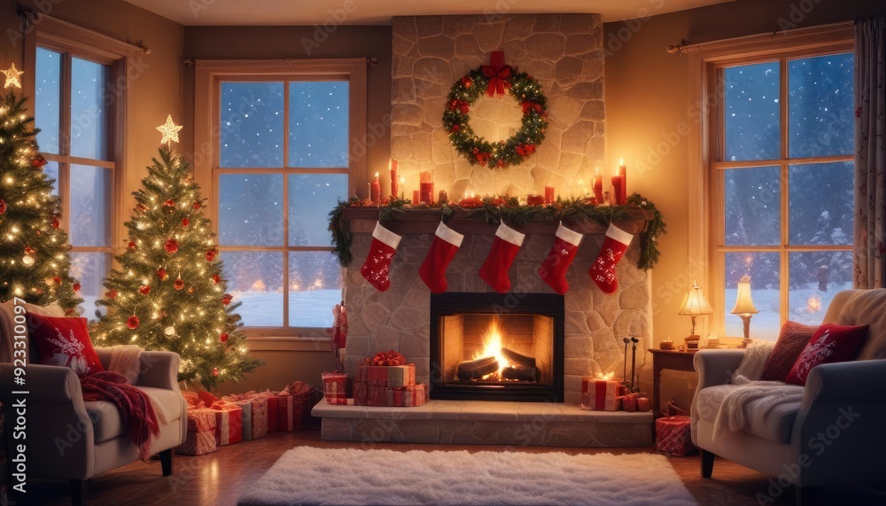 festive Christmas background with cozy living room view, burning fireplace, stockings hanging on the mantle, and large window showing falling snowflakes, ai festive Christmas background with cozy living room view, burning fireplace, stockings hanging on the mantle, and large window showing falling snowflakes, ai