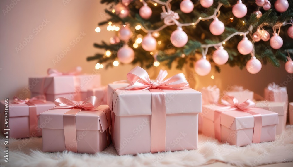 Obraz premium 35mm film photography, merry christmas background with a close-up of beautifully wrapped gifts under a decorated tree, soft fairy lights in the background, copy space above, soft pink col, ai