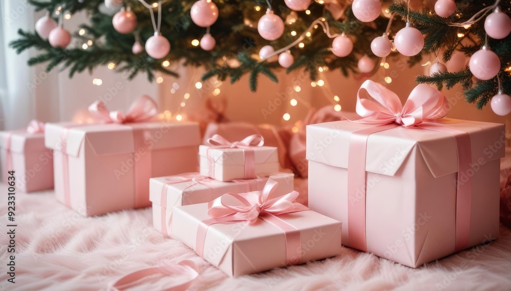 35mm film photography, merry christmas background with a close-up of beautifully wrapped gifts under a decorated tree, soft fairy lights in the background, copy space above, soft pink col, ai 35mm film photography, merry christmas background with a close-up of beautifully wrapped gifts under a decorated tree, soft fairy lights in the background, copy space above, soft pink col, ai