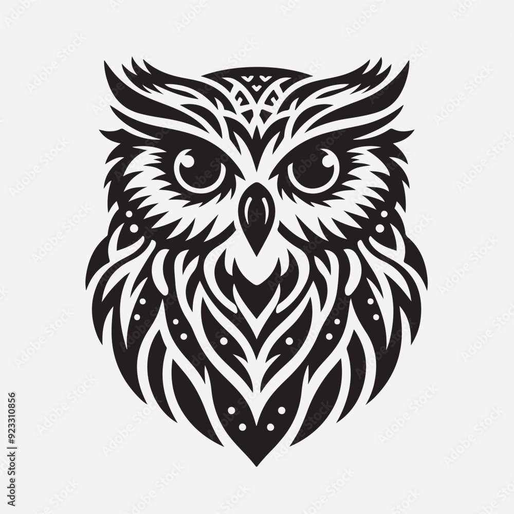 Black and white tribal owl illustration, with detailed feathers, a bold outline, and a powerful presence. It's an evocative design perfect for tattoos, graphic design, and branding. Black and white tribal owl illustration, with detailed feathers, a bold outline, and a powerful presence. It's an evocative design perfect for tattoos, graphic design, and branding.