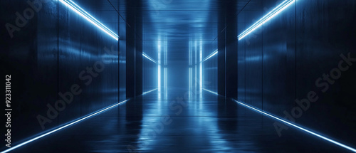 Futuristic Blue Neon Lights Illuminate Empty Corridor