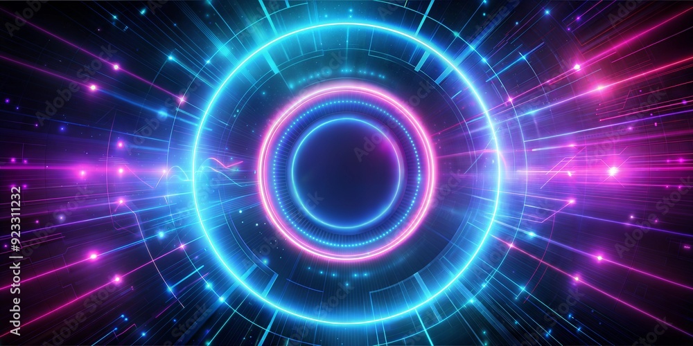 Obraz premium Dark tech abstract background with neon glow. Cyber circle laser figure on abstract background. Dark abstract futuristic background.