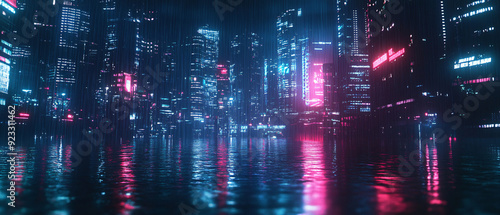 Futuristic Cityscape with Neon Lights and Rain Reflected in Water, Futuristic Cityscape with Neon Lights and Rain Reflected in Wate