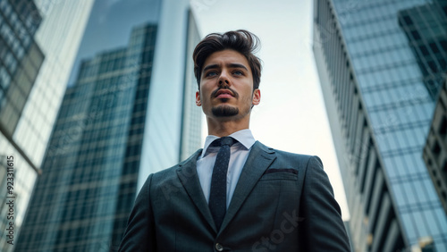 Young businessman standing in suit is looking up at skyscrapers