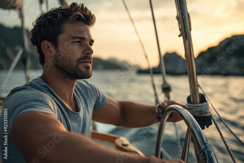 A man in a grey t-shirt is steering a boat with a serene ocean and mountainous landscape in the background during a sunset, showcasing tranquility and adventure.