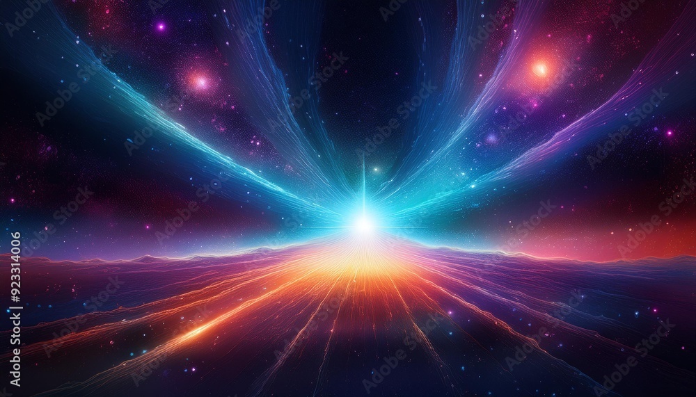 Naklejka premium Cosmic explosion with vibrant colors illuminating the night sky, merging stars and galaxies across an expansive universe landscape