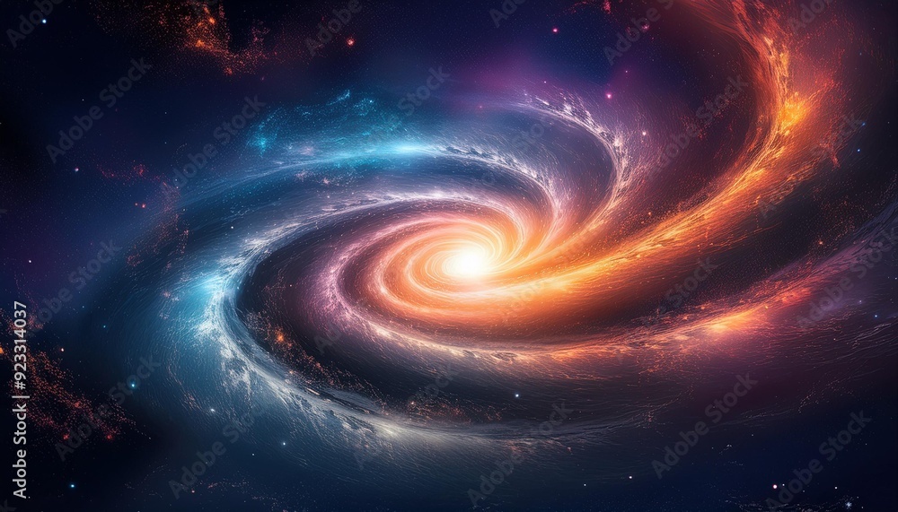 Abstract cosmic galaxy swirling in vibrant colors of blue, orange, and purple against a deep space backdrop Abstract cosmic galaxy swirling in vibrant colors of blue, orange, and purple against a deep space backdrop