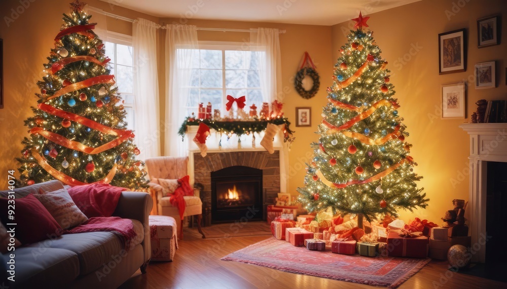 Fototapeta premium 35mm film photography, bright and cheerful Christmas living room decorated with colorful ribbons, big tree and cozy atmosphere, high detail, bright color palette, blurry, dim colors, ai