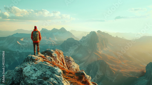 The figure of a lonely traveler on the top of a mountain flooded with morning light. Mountain ranges covered with snow and valleys covered with light fog stretch around.