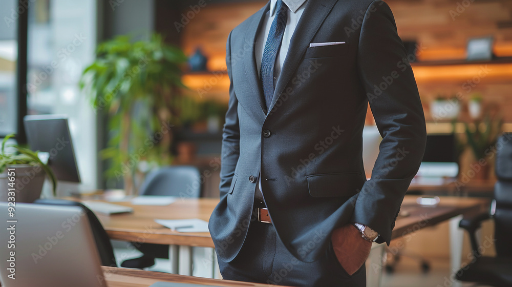 Fototapeta premium A headless businessman in a blue suit stands in an office.