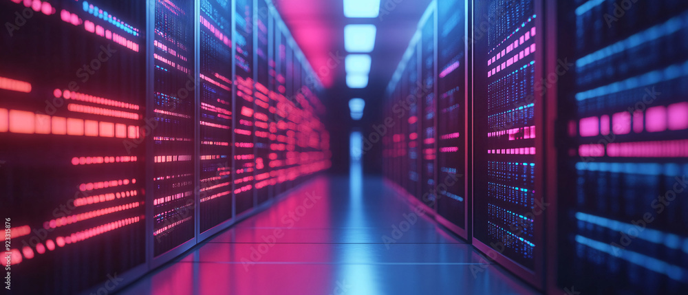 Server Room with Neon Lights in a Modern Data Center Server Room with Neon Lights in a Modern Data Center