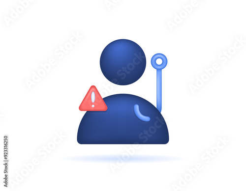 account phishing concept. data theft and account hijacking. internet crime. illustration of account symbol with warning sign and hook. symbol or icon. minimalist 3d style design. graphic element