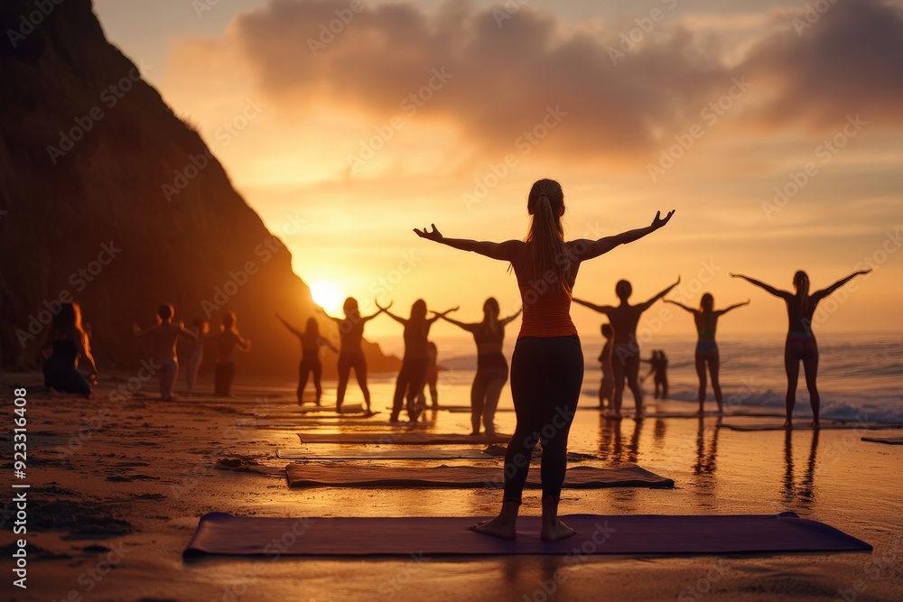 A yoga instructor leads a sunset session on the beach, emphasizing the power of fitness and wellness in the setting of a beautiful, serene sunset. A yoga instructor leads a sunset session on the beach, emphasizing the power of fitness and wellness in the setting of a beautiful, serene sunset.