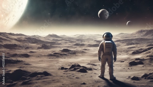 Astronaut in a spacesuit standing on a rocky alien landscape with multiple moons visible in the sky, representing space exploration and adventure