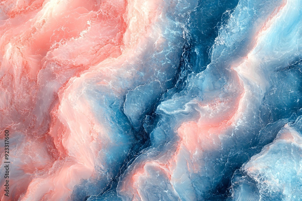 Fototapeta premium Abstract fluid art with swirling blue and coral colors creating mesmerizing patterns suitable for modern interior design wallpaper or creative backgrounds elegant marble-like texture in pastel hues
