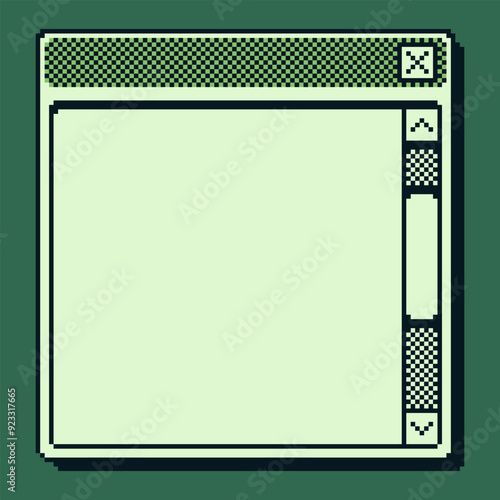 Window pixel art design, play, retro 80s console gaming app, game boy interface, video game, flat style, old school computer graphic design, 8-bit sprite, game assets, vector illustration.
