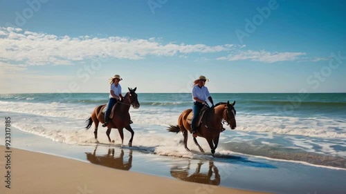 Horsemen riding horses on the beach, cowboys wearing hats riding horses on the seashore Generative AI