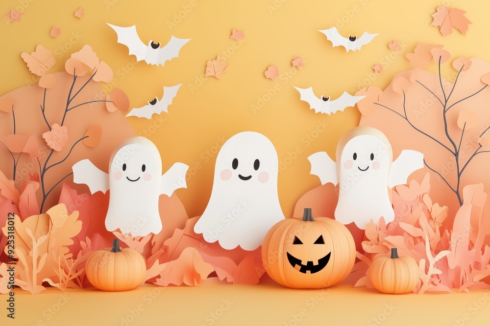 3D paper art background with cute sheet ghost, bats and pumpkin, pastel color palette 3D paper art background with cute sheet ghost, bats and pumpkin, pastel color palette