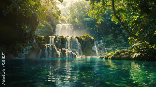 Fototapeta Naklejka Na Ścianę i Meble -  A mesmerizing view of a dense tropical rainforest with a waterfall cascading down into a clear pool.