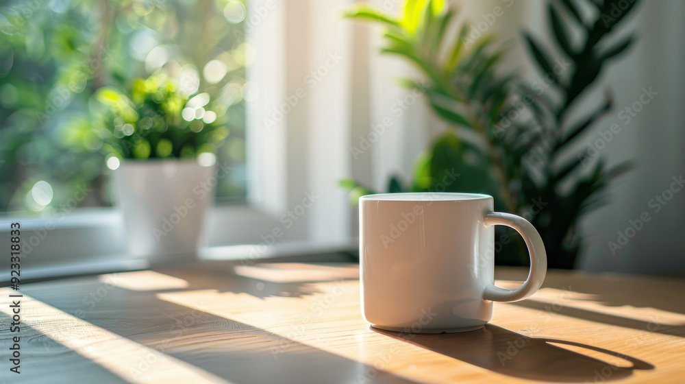 A minimalist lifestyle scene with a white ceramic mug on a wooden table, a single green plant in the background, and soft natural light filtering in. A minimalist lifestyle scene with a white ceramic mug on a wooden table, a single green plant in the background, and soft natural light filtering in.