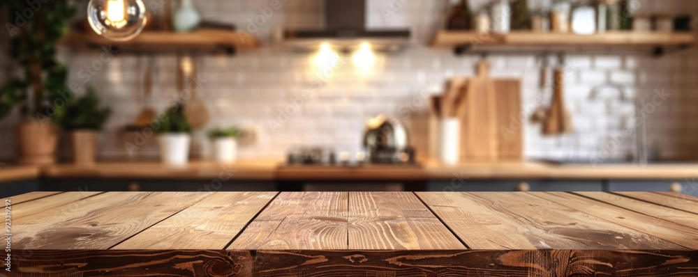 Rustic wooden table in a cozy kitchen setting with blurred background. Concepts of homely atmosphere, cooking, and interior design. Rustic wooden table in a cozy kitchen setting with blurred background. Concepts of homely atmosphere, cooking, and interior design.