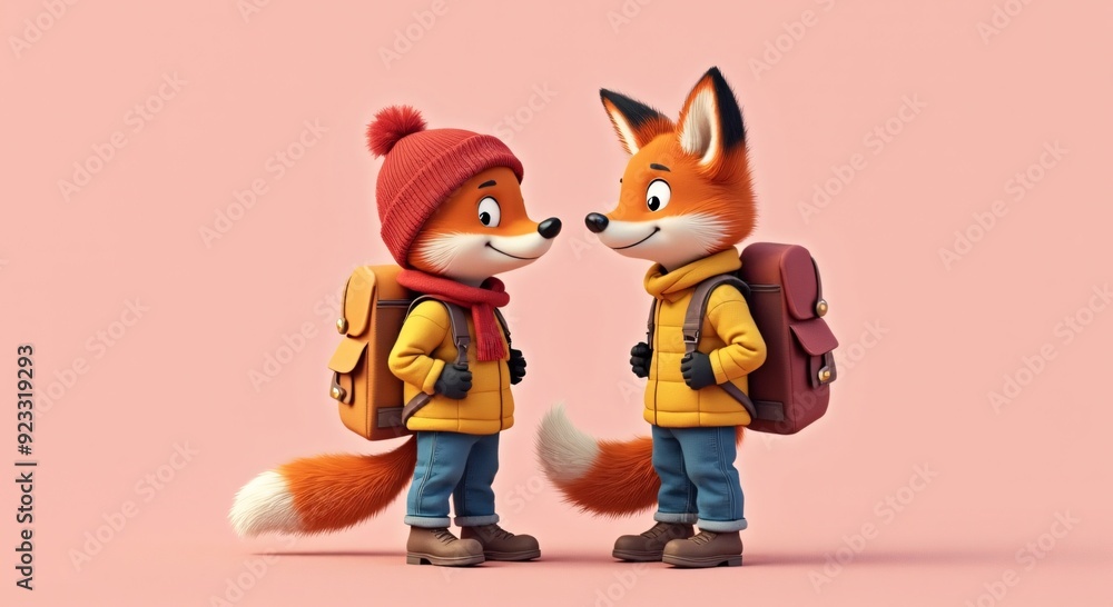 Charming child and fox in vibrant winter outfits with backpacks, perfect for educational and children’s marketing, evokes warmth, adventure, and friendship. Charming child and fox in vibrant winter outfits with backpacks, perfect for educational and children’s marketing, evokes warmth, adventure, and friendship.