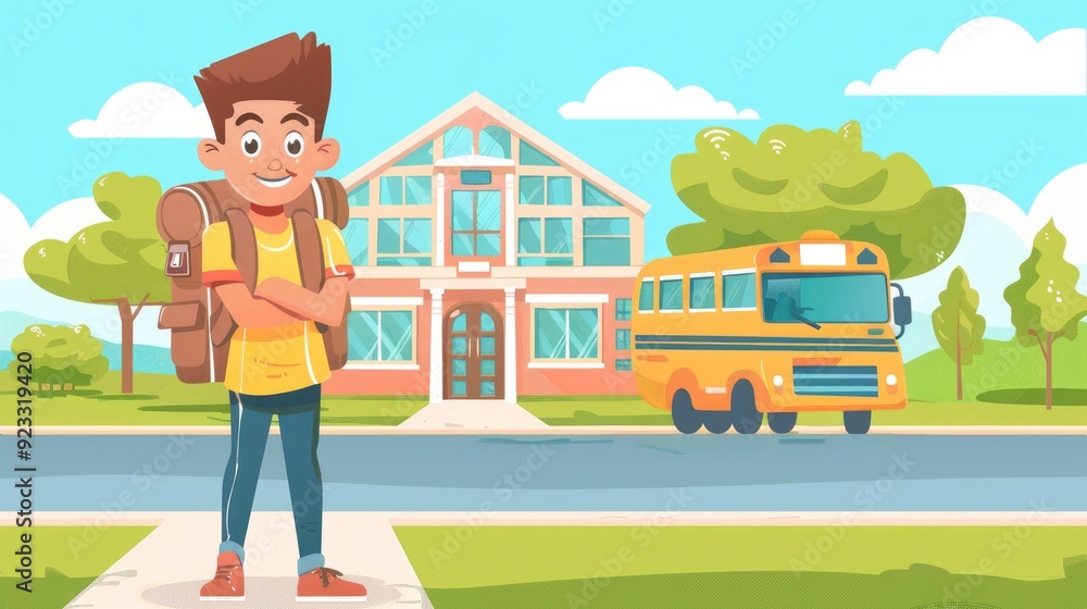 Naklejka premium A cute cartoon school boy stands in front of the bus, with his back to him is an illustration style. High quality photo