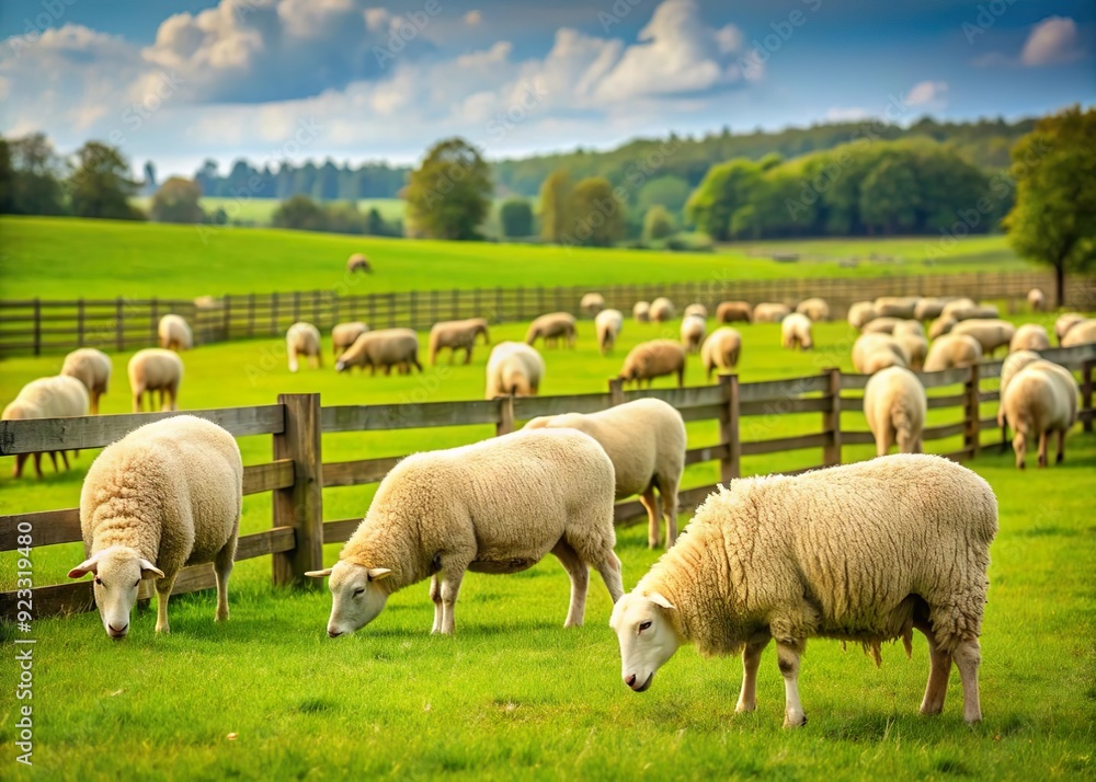 sheep graze and eat grass on meadow field in animal farm sheep graze and eat grass on meadow field in animal farm