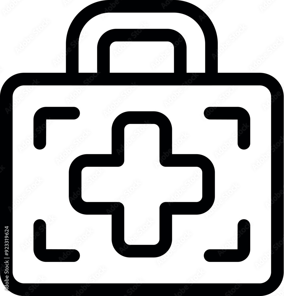 Simple black and white icon depicting a first aid kit, often used to represent medical supplies and emergency care Simple black and white icon depicting a first aid kit, often used to represent medical supplies and emergency care